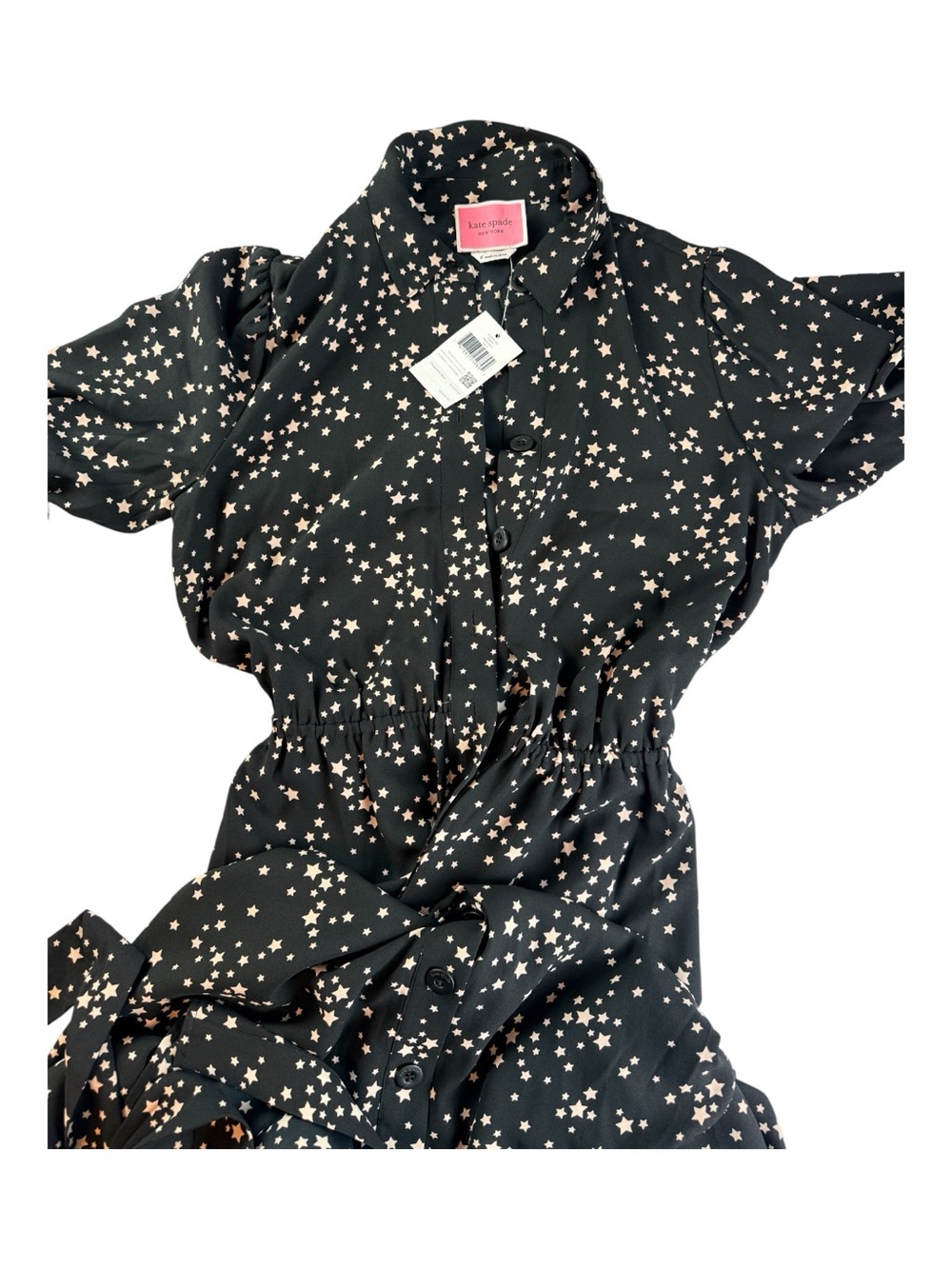 Kate Spade New York Star Print Shirt Dress Black Pink Tie Waist Ruffle Hem NWT 6 - Picture 5 of 11